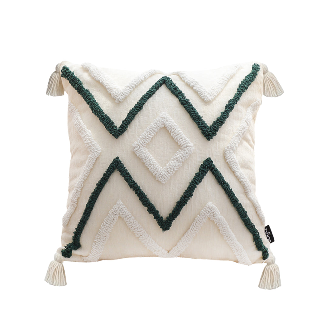SOGA Boho Tufted Cushion 45cm Tassel Beige Green Geometric Chevron Throw Pillow