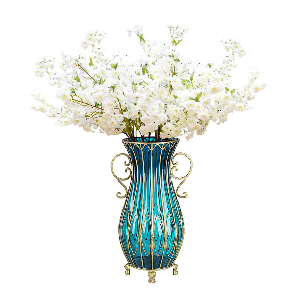 51cm Blue Glass Floor Vase and 10pcs White Artificial Flower Set