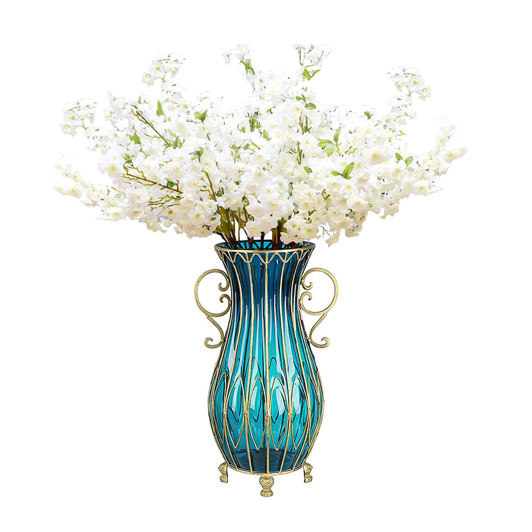 51cm Blue Glass Floor Vase and 10pcs White Artificial Flower Set