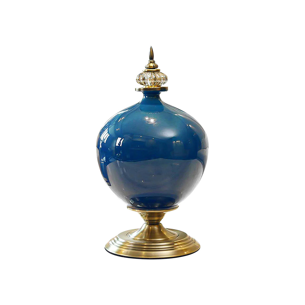 38cm Ceramic Vase with Gold Metal Base Dark Blue