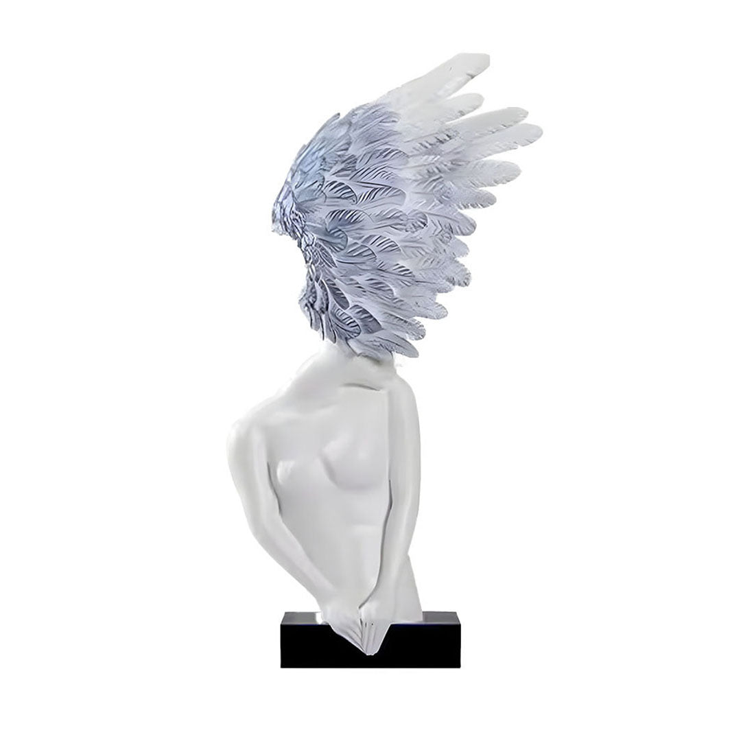 SOGA 86cm White Blue Winged Figure Sculpture with Marble Base