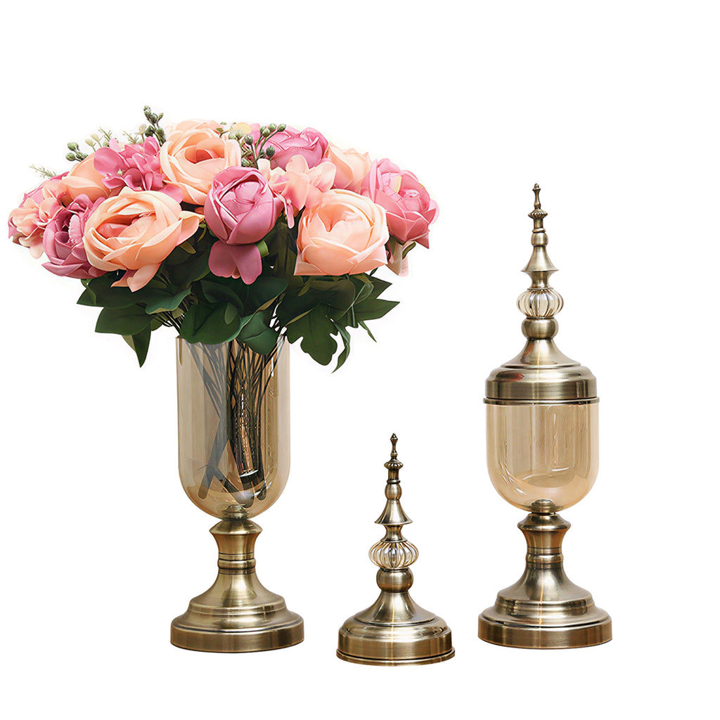 2x Clear Bronze Glass Vase with Lid and Pink Flower Set