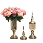 2x Clear Bronze Glass Vase with Lid and Pink Flower Set