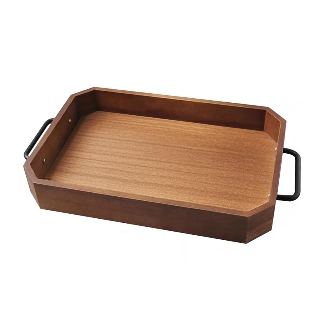 SOGA 39cm Brown Rectangle Wooden Serving Tray Metal Handles Kitchen