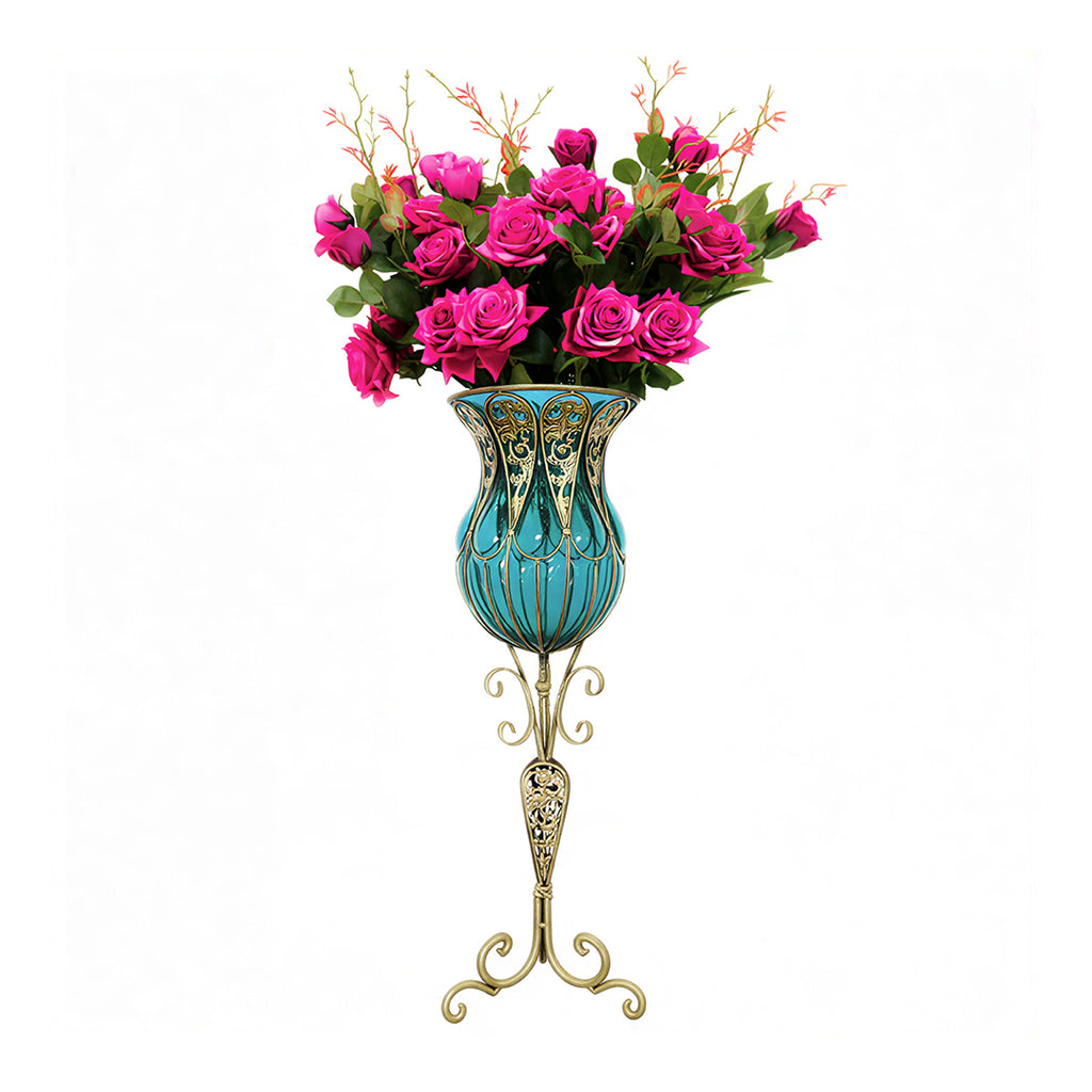 85cm Blue Glass Floor Vase and 12pcs Dark Pink Artificial Flower Set