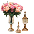 2x Clear Gold Glass Vase with Lid and Pink Flower Set