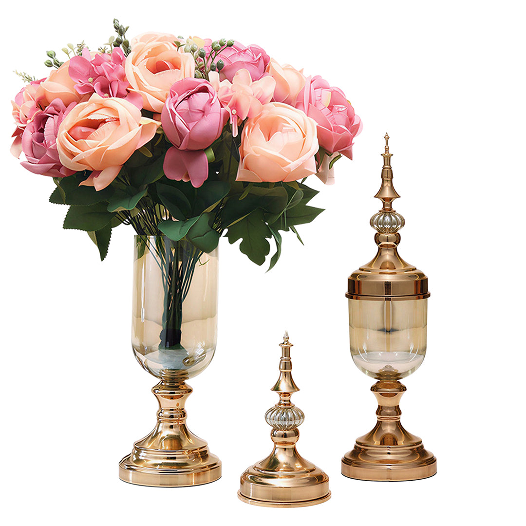 2x Clear Gold Glass Vase with Lid and Pink Flower Set