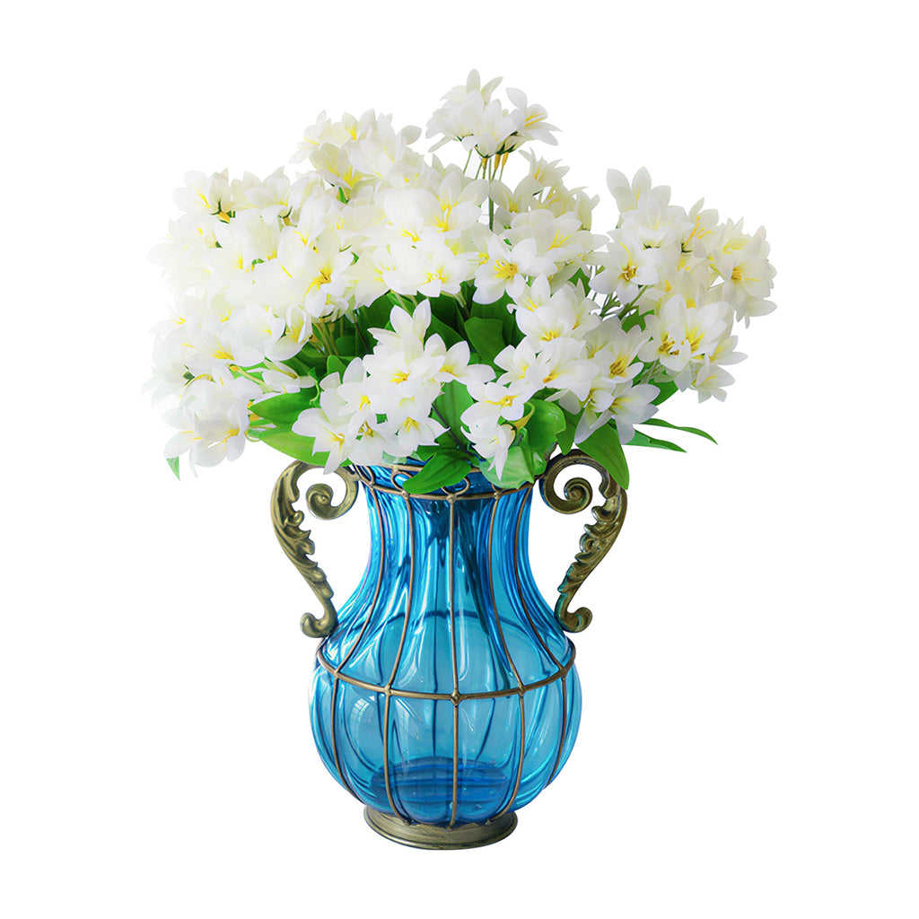 Blue Glass Flower Vase with 10 Bunch 6 Heads Artificial Silk Lilium nanum Set