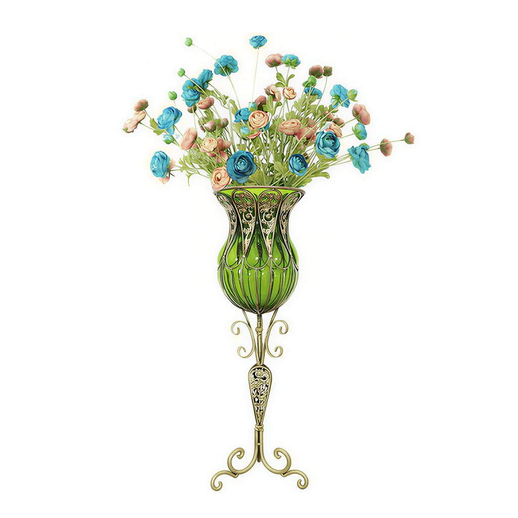 85cm Green Glass Floor Vase and 12pcs Blue Artificial Flower Set