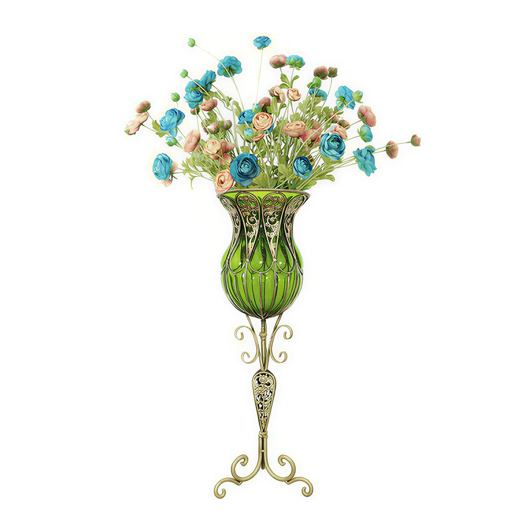 85cm Green Glass Floor Vase and 12pcs Blue Artificial Flower Set