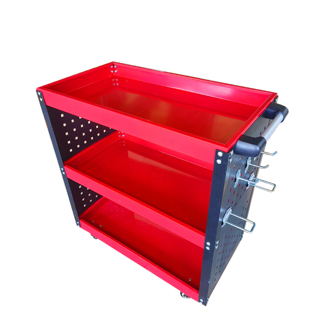 3 Tier Tool Storage Cart with Hooks Red