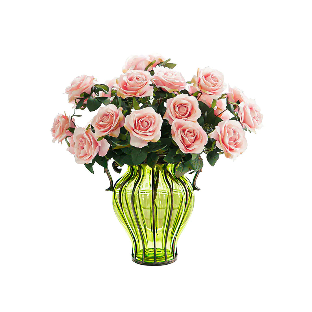Green Glass Flower Vase with 4 Bunch 9 Heads Artificial Silk Rose Set