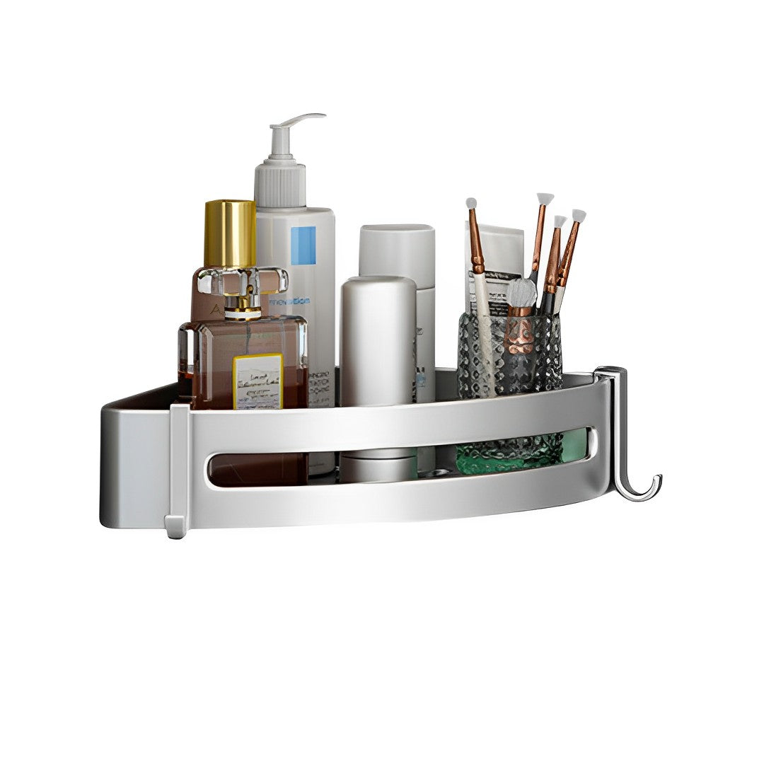Silver Wall-Mounted Triangular Bathroom Storage Rack with Hooks
