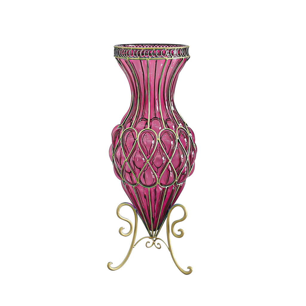 67cm Purple Glass Floor Vase with Metal Stand