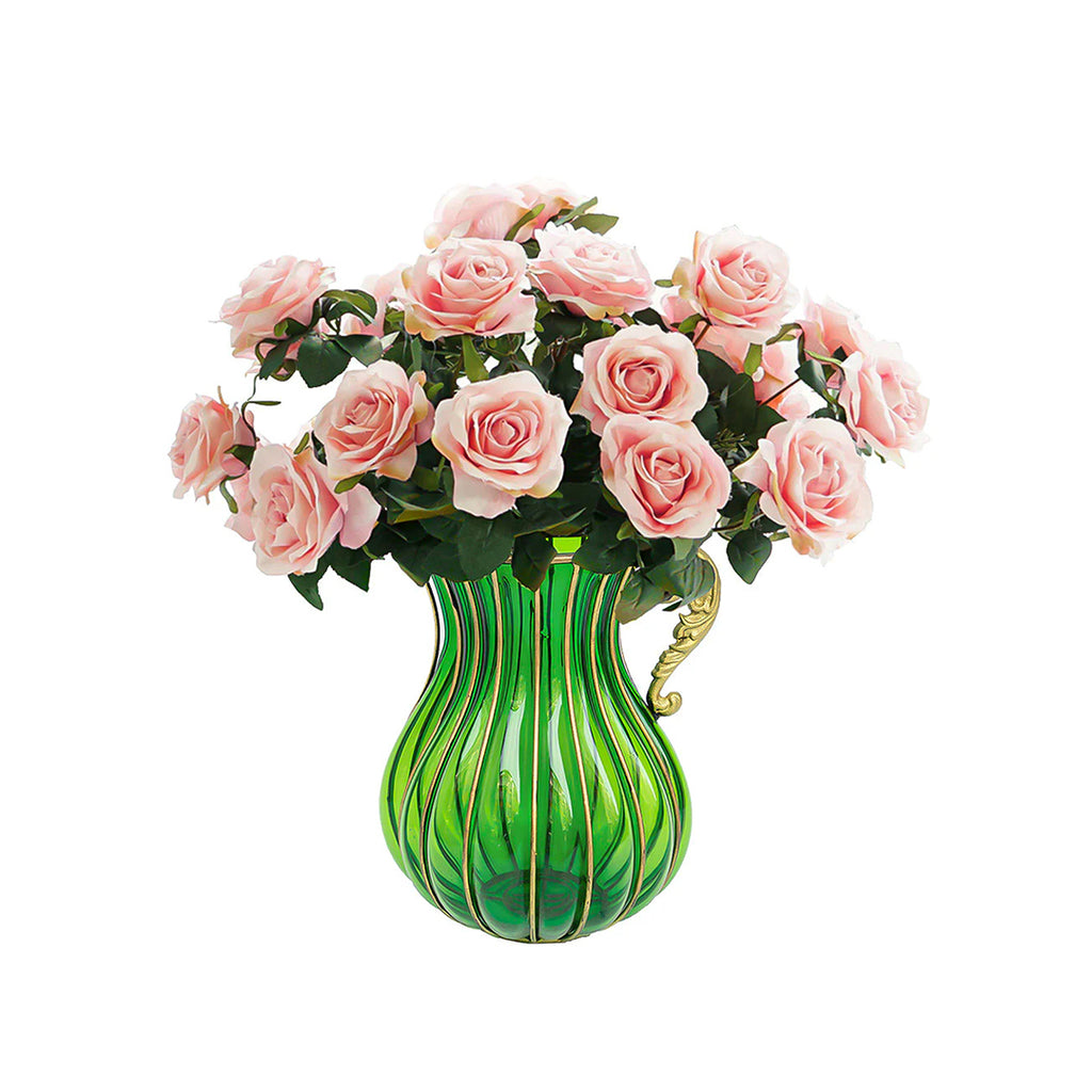 Green Glass Flower Vase with 4 Bunch 9 Heads Artificial Silk Rose Set