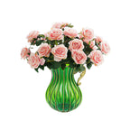 Green Glass Flower Vase with 4 Bunch 9 Heads Artificial Silk Rose Set