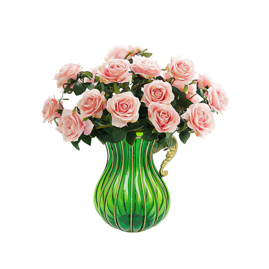 Green Glass Flower Vase with 4 Bunch 9 Heads Artificial Silk Rose Set