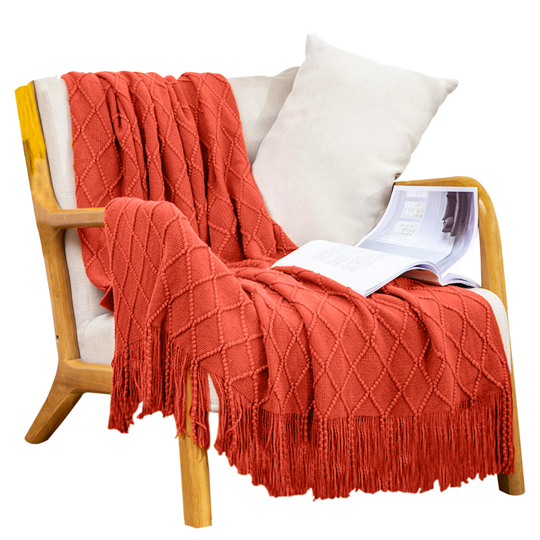Red Diamond Pattern Knitted Throw Blanket