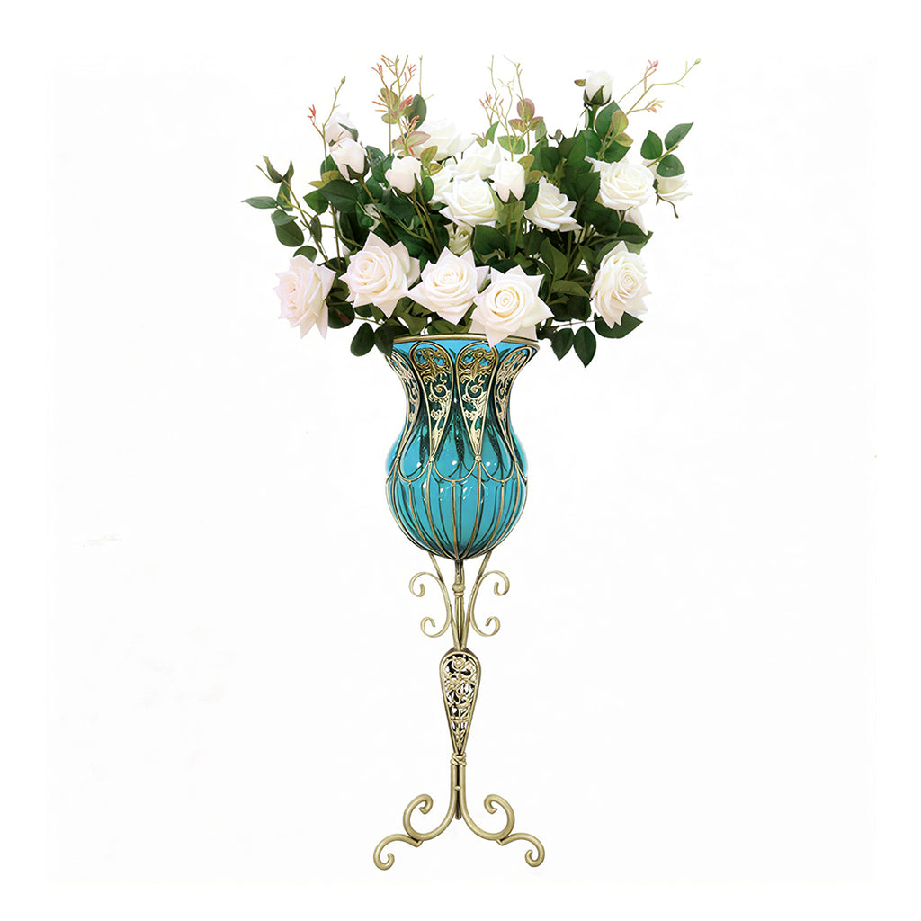 85cm Blue Glass Floor Vase and 12pcs White Artificial Flower Set