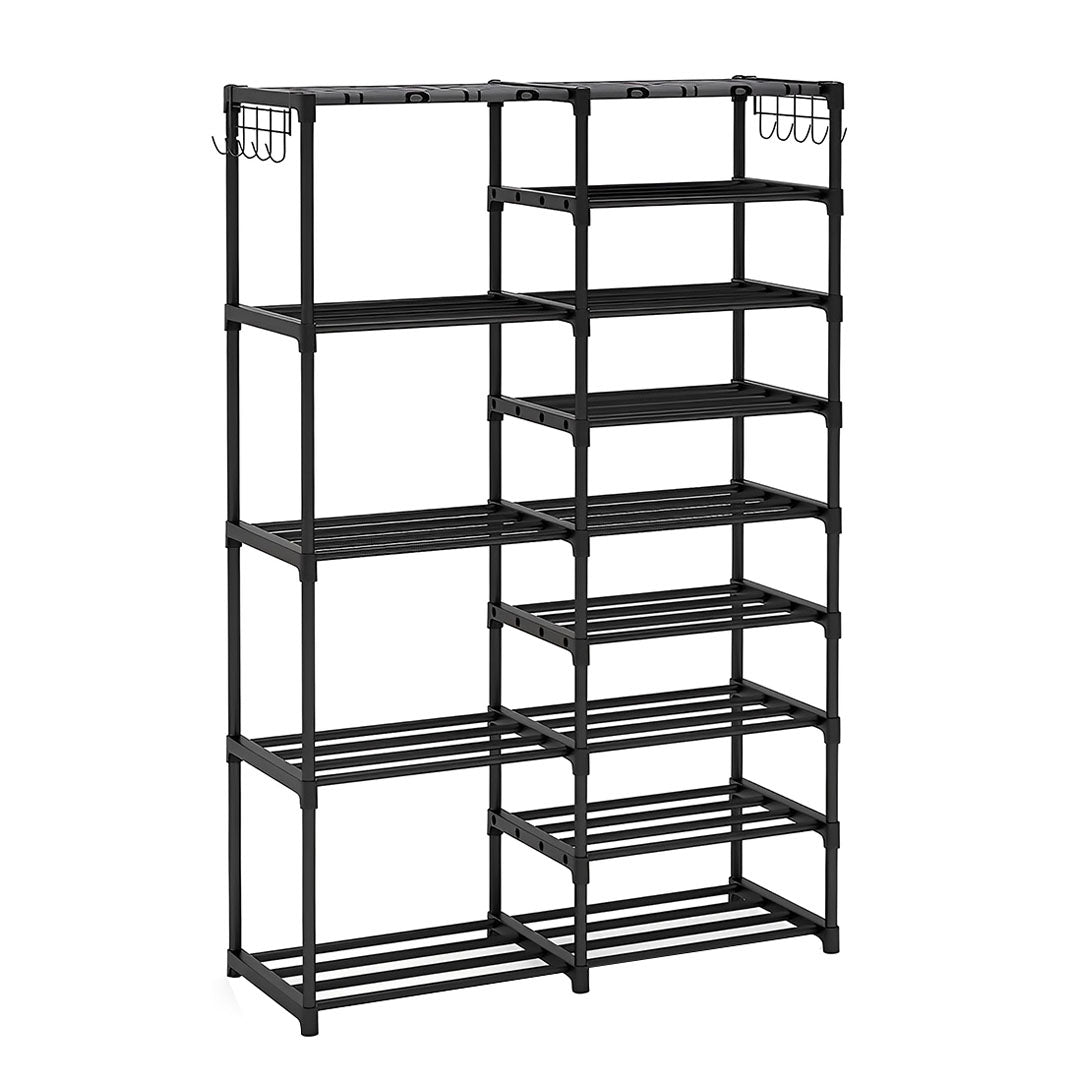 16-Shelf Tier Shoe Storage with Side Hooks Black