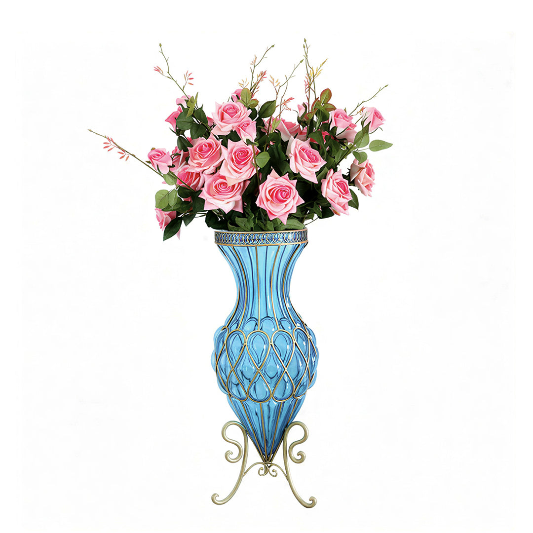 67cm Blue Glass Floor Vase and 12pcs Pink Artificial Flower Set