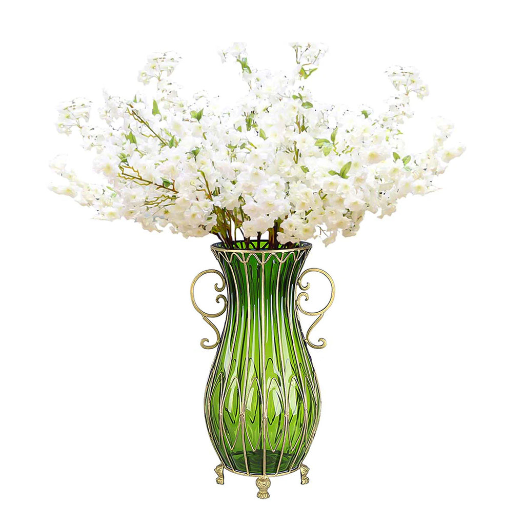 51cm Green Glass Floor Vase and 10pcs White Artificial Flower Set