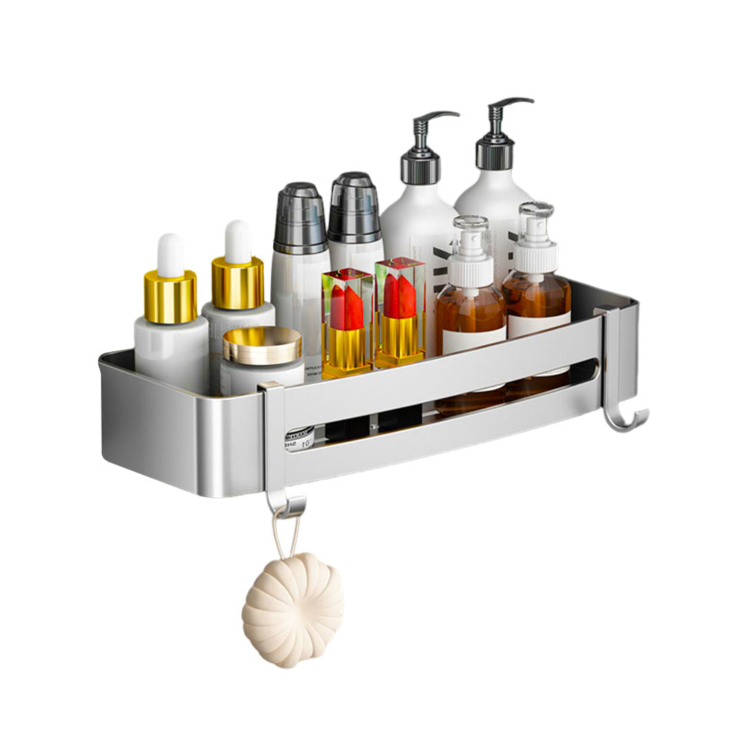 Silver Wall-Mounted Rectangular Bathroom Rack with Hooks