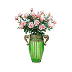 Green Glass Flower Vase with 8 Bunch 5 Heads Artificial Silk Rose Set
