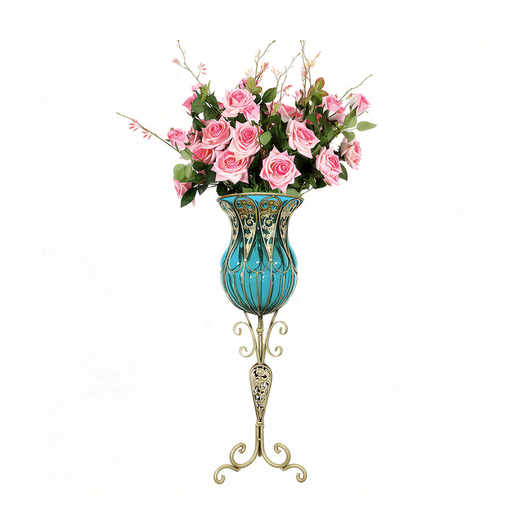 85cm Blue Glass Floor Vase and 12pcs Pink Artificial Flower Set