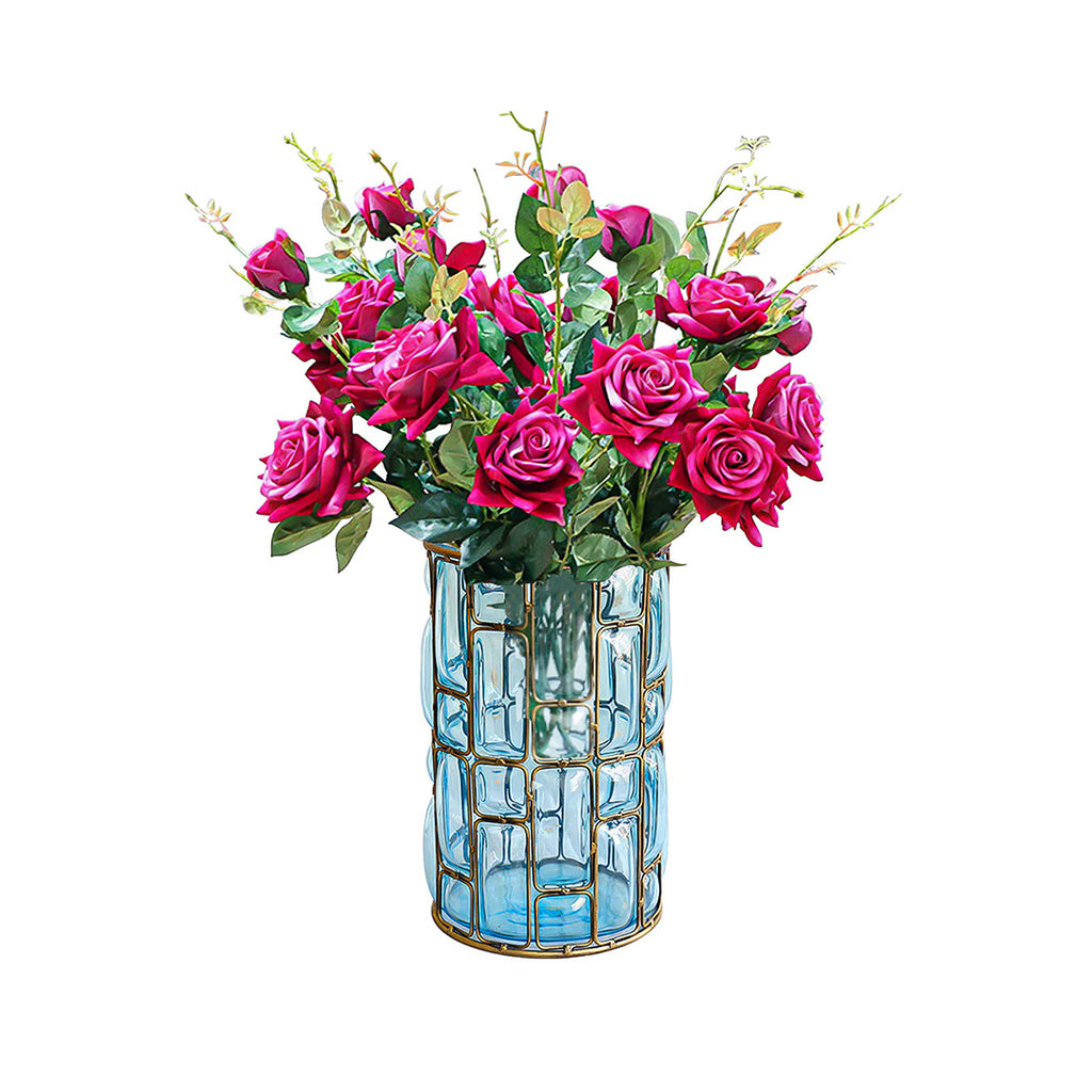 Blue Glass Cylinder Flower Vase with 8 Bunch 5 Heads Artificial Silk Rose Set