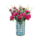 Blue Glass Cylinder Flower Vase with 8 Bunch 5 Heads Artificial Silk Rose Set
