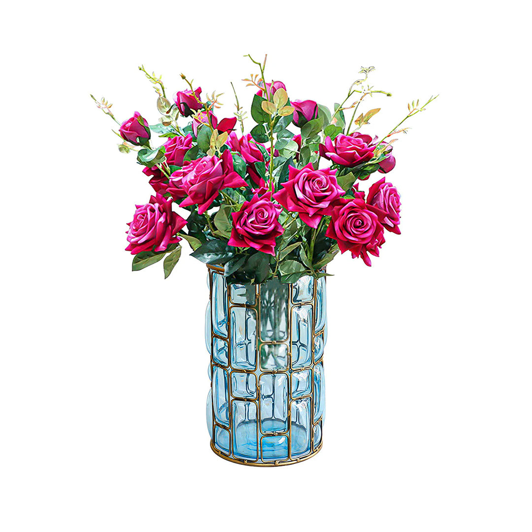 Blue Glass Cylinder Flower Vase with 8 Bunch 5 Heads Artificial Silk Rose Set