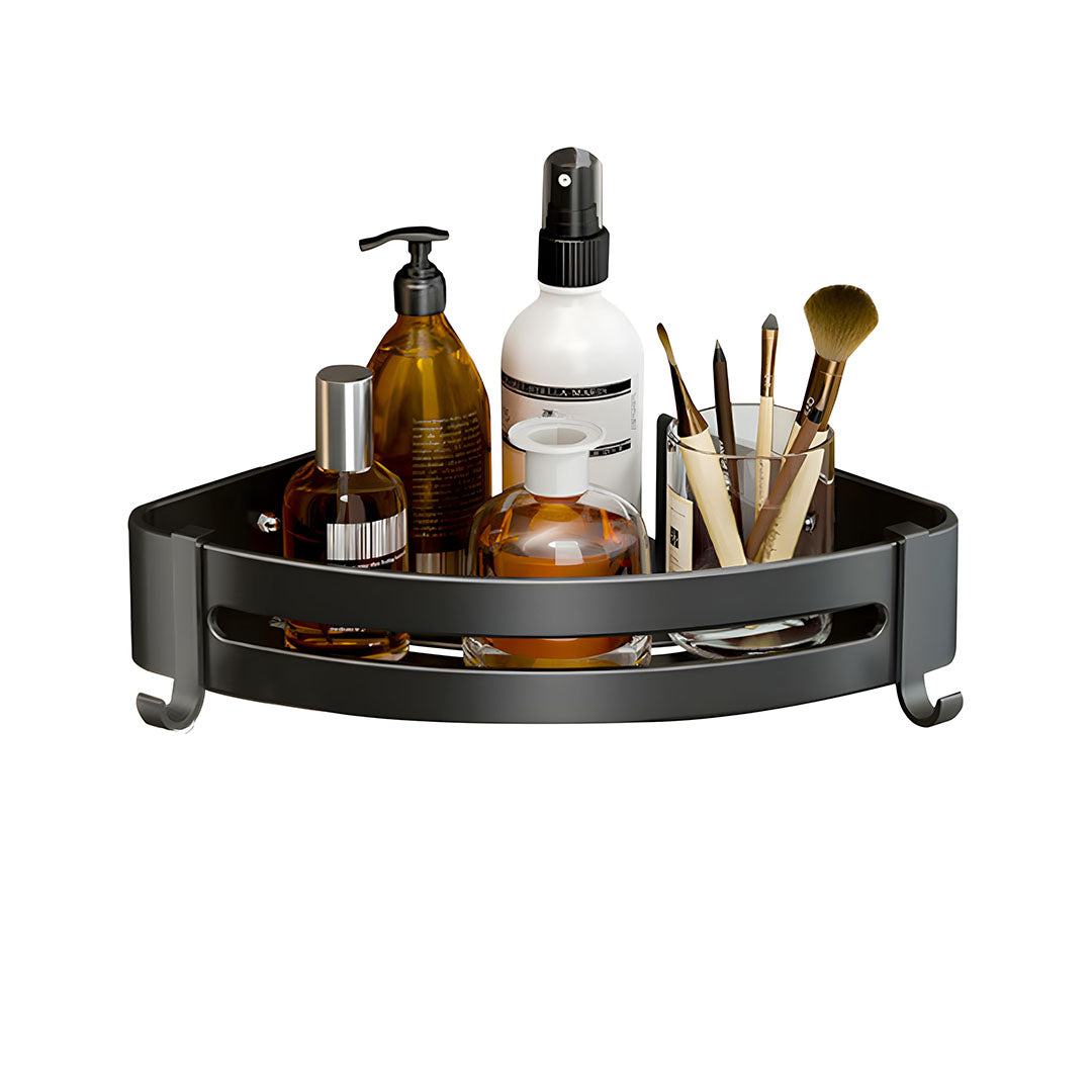 Black Wall-Mounted Triangular Bathroom Storage Rack with Hooks