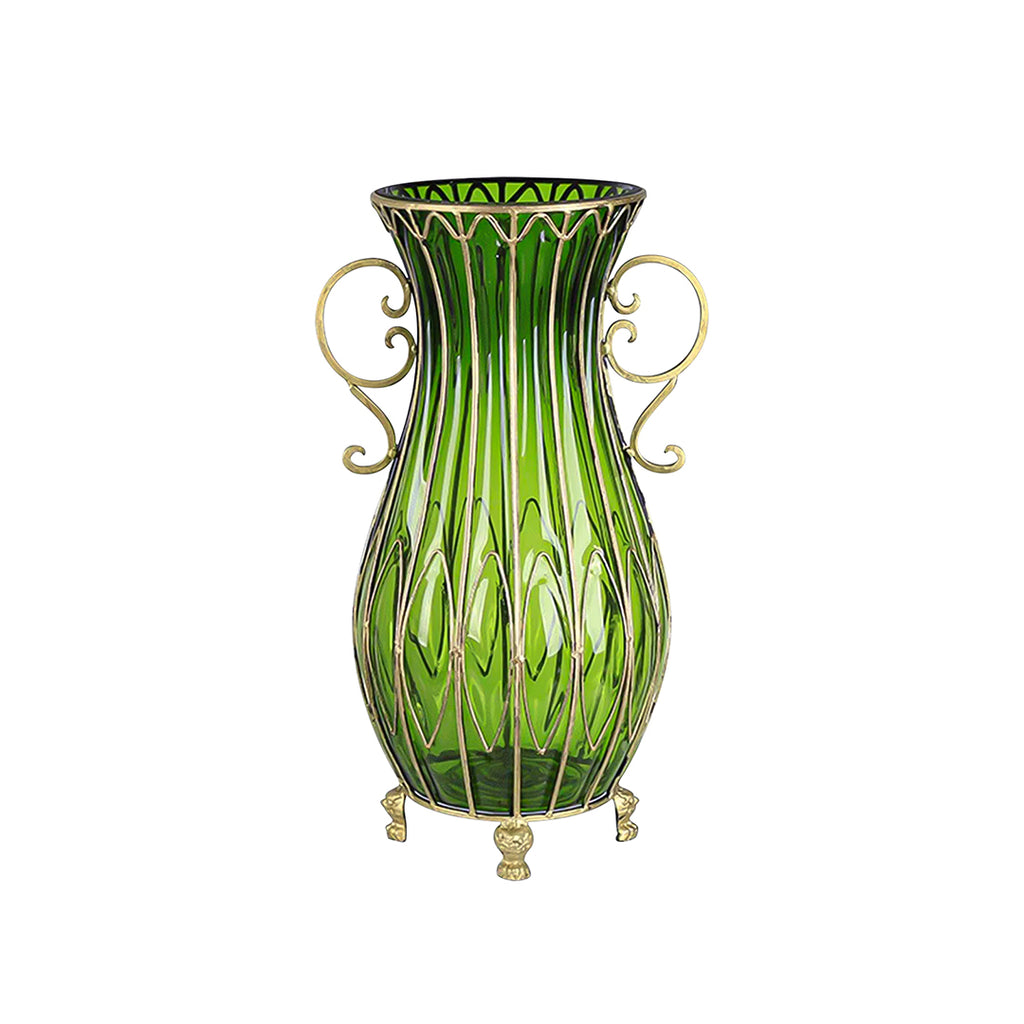 51cm Green Glass Floor Vase with Metal Stand