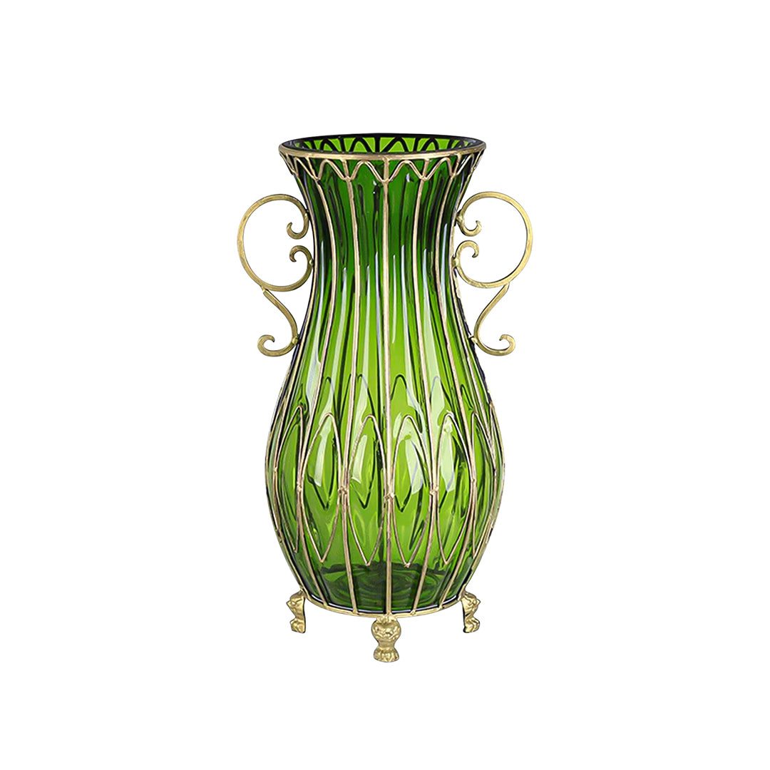 51cm Green Glass Floor Vase with Metal Stand