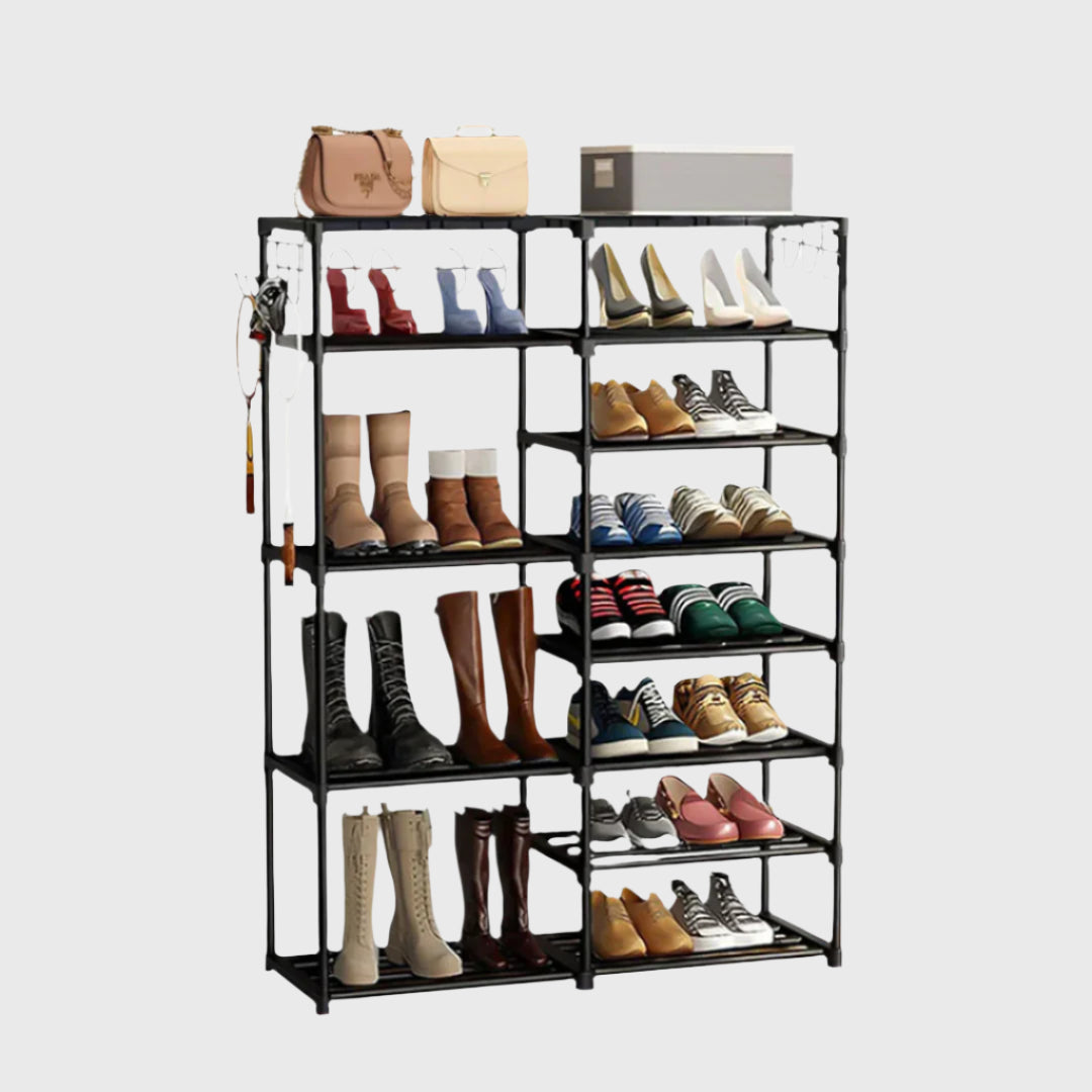12-Shelf Tier Shoe Storage with Side Hooks Black