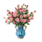 Blue Glass Flower Vase with 10 Bunch 6 Heads Artificial Silk Rose Set