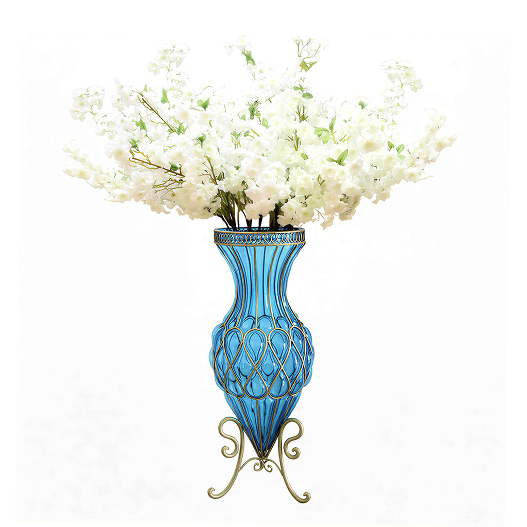 67cm Blue Glass Floor Vase with 10pcs White Artificial Flower Set