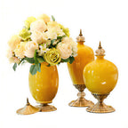 3x Ceramic Vase with Blue Flower Set Yellow