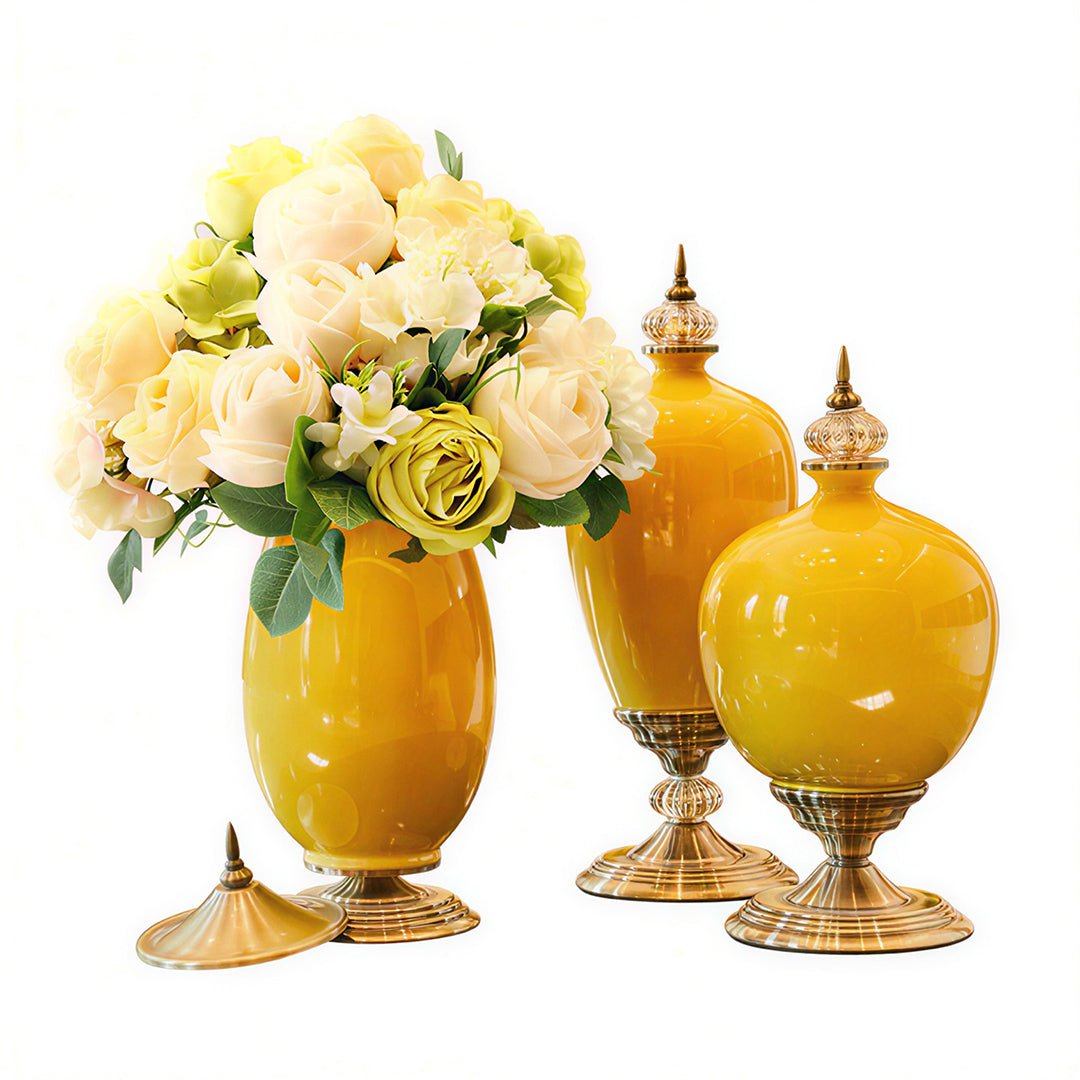 3x Ceramic Vase with Blue Flower Set Yellow