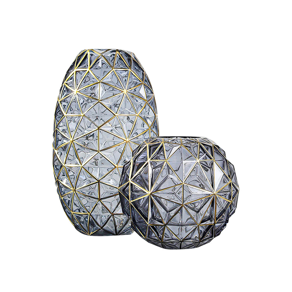 Grey Diamond Cut Glass Flower Vase with Gold Accent