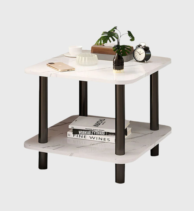 70cm White Ceramic Table Stone Pattern with Black Metal Legs