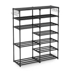 12-Shelf Tier Shoe Storage with Side Hooks Black