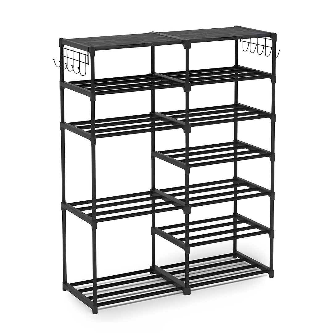 12-Shelf Tier Shoe Storage with Side Hooks Black