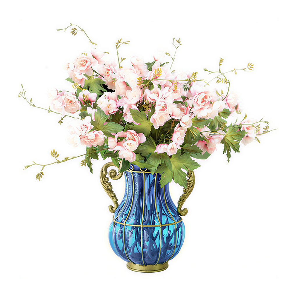 Blue Glass Flower Vase with 8 Bunch 3 Heads Artificial Silk Hibiscus Set