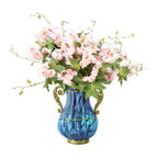 Blue Glass Flower Vase with 8 Bunch 3 Heads Artificial Silk Hibiscus Set