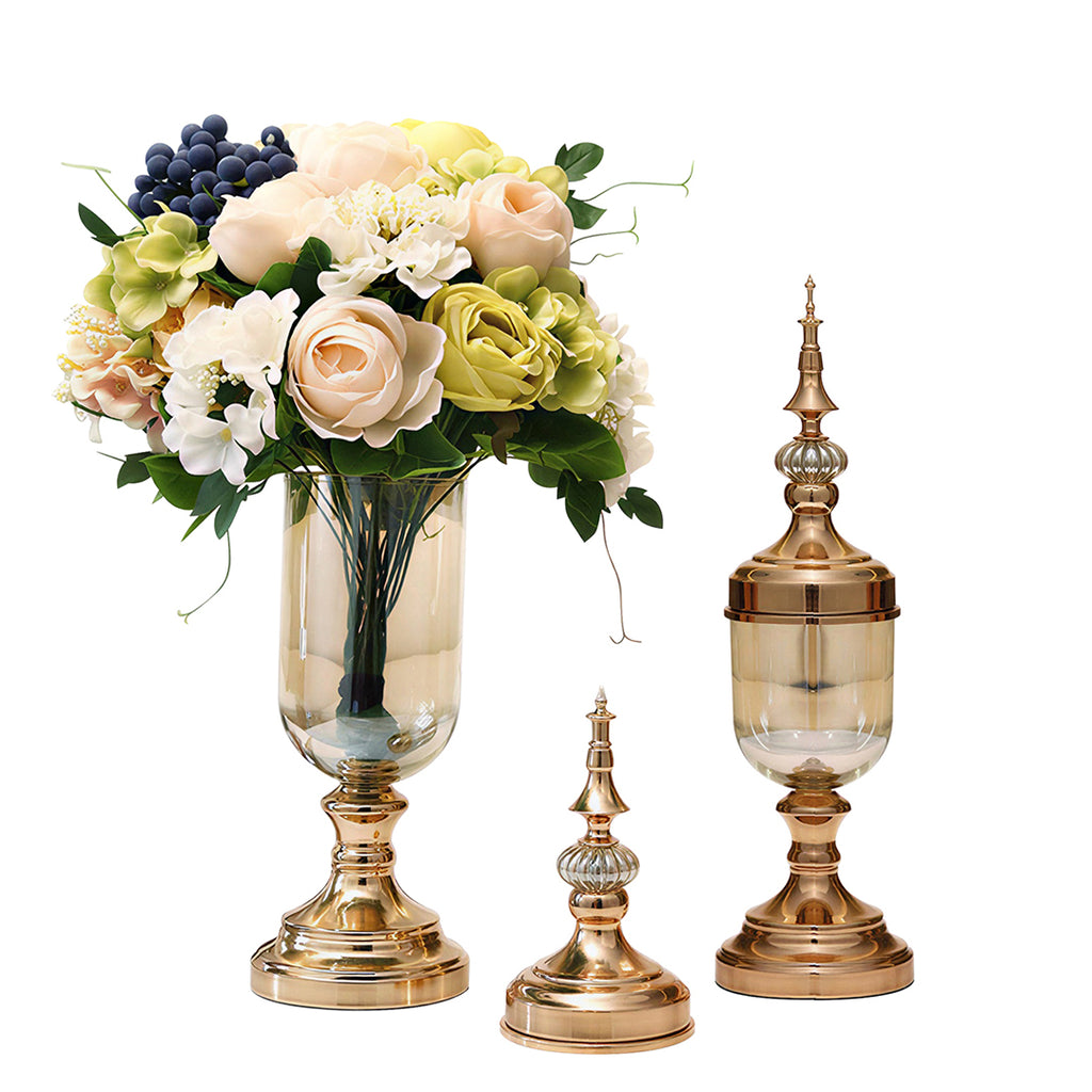 2x Clear Gold Glass Vase with Lid and White Flower Set