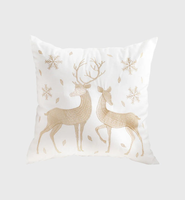 45cm Throw Pillow White with Golden Christmas Reindeer Festive