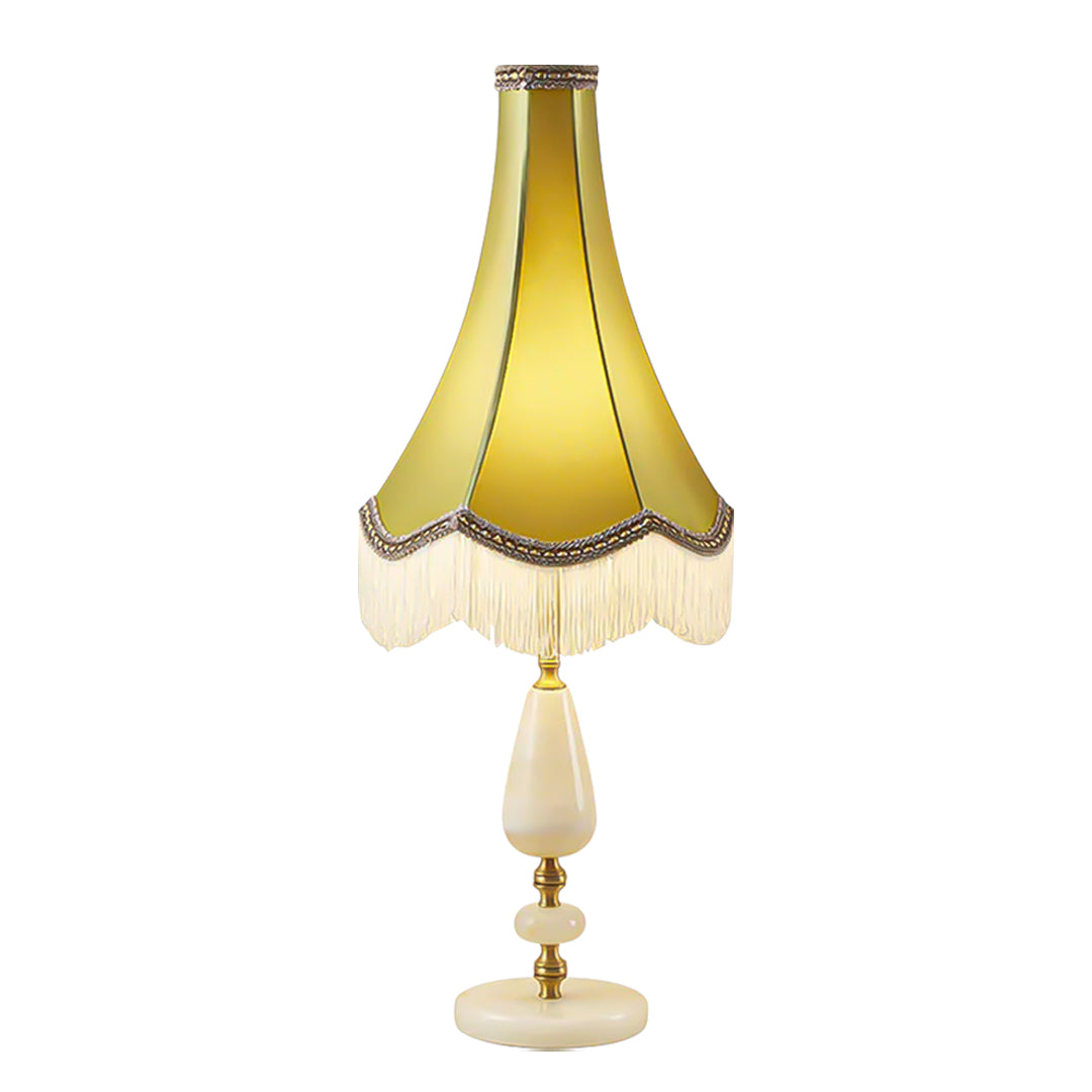 SOGA Jade Stone Base Table Lamp Vintage Yellow Shade Tassel Fringe Bedside Desk Light