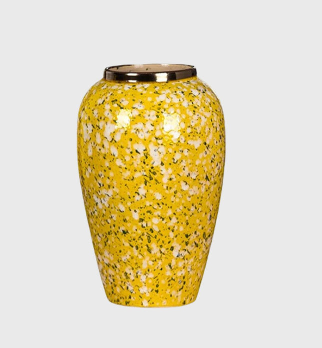 SOGA 30x19cm Yellow with White Mini Floral Medium Ceramic Flower Vase Elegant Living Room Home Decor